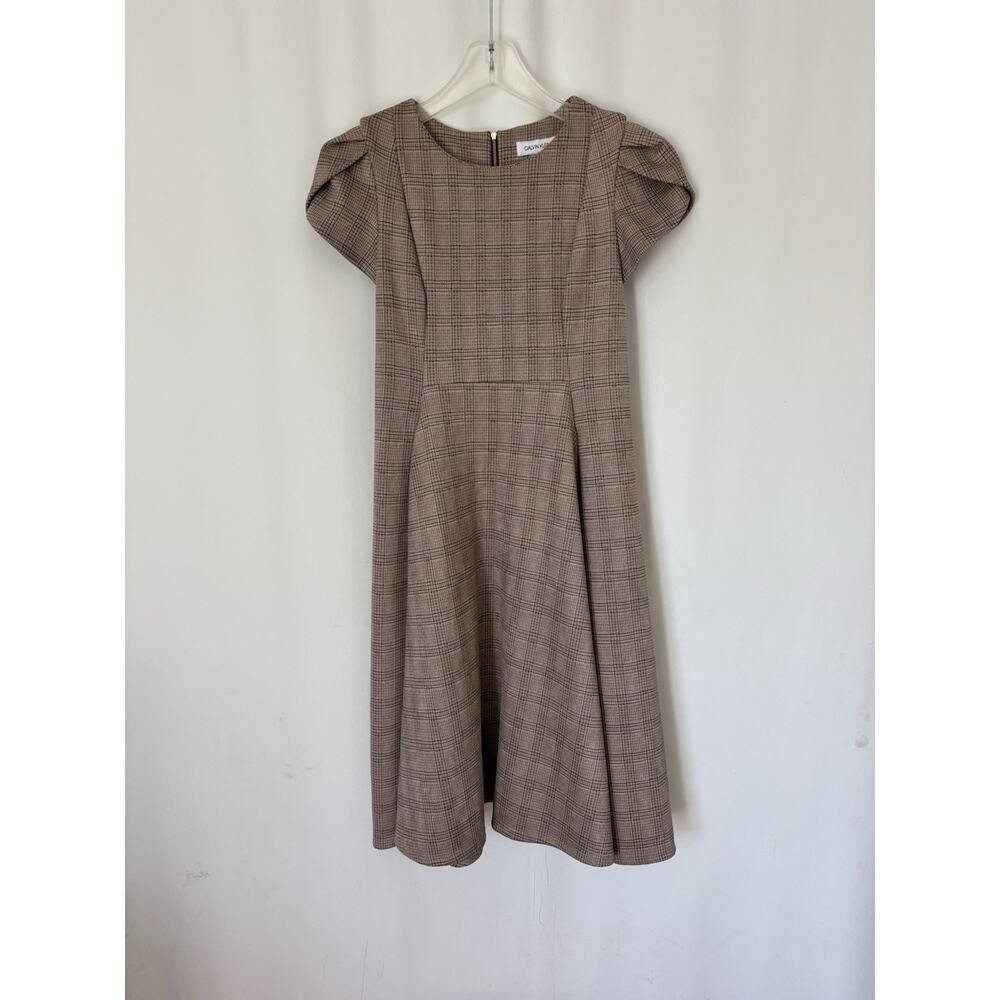 Vtg Calvin Klein Dress 4 Knee Fit & Flare Plaid Check Brown Soft Puff Sleeve - Picture 10 of 14